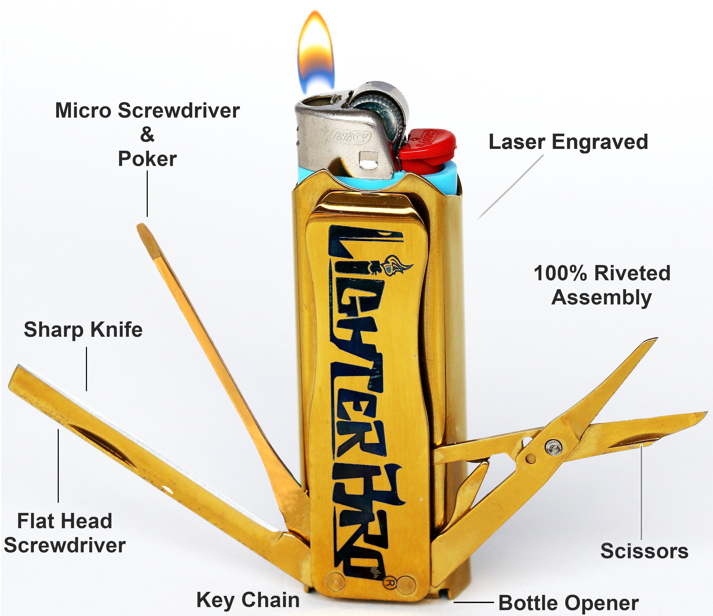 LighterBro® Titanium Gold Lighter Holder & Multi-Tool Case